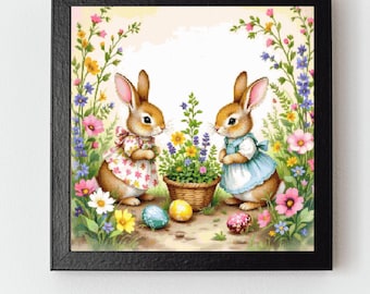 Patrón de punto de cruz en PDF de conejitos de Pascua en flor