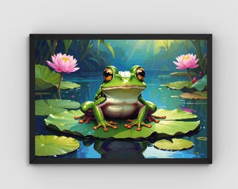 May include: A framed art print of a green frog with large eyes sitting on a lily pad in a pond. Pink lotus flowers and other lily pads are also visible. The water is blue and reflects the frog and flowers.