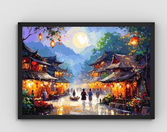 Patrón de punto de cruz en PDF de una calle iluminada por una linterna de luna