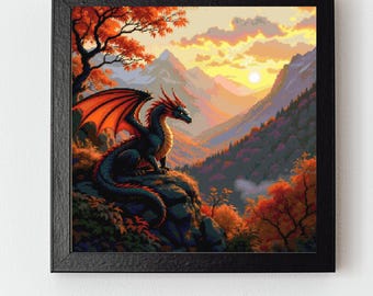 Patrón de punto de cruz de dragón al amanecer en las montañas otoñales (PDF)