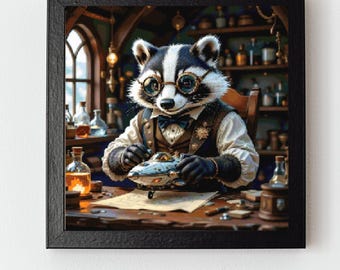 Patrón de punto de cruz en PDF de un mapache inventor steampunk