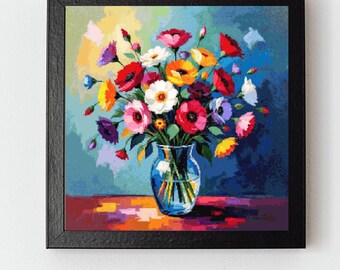 Patrón de punto de cruz de ramo vibrante en jarrón de cristal (PDF)