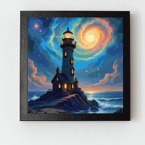 May include: A framed art print of a lighthouse on a rocky shore under a swirling, colorful sky. The lighthouse is lit, with a small house attached. The ocean and sunset are visible in the background.