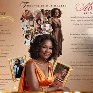 Può includere: Un programma funebre intitolato Order of Service e Forever in Our Hearts per Meridith Brown-Joyner. Il layout presenta il ritratto di una donna in abito arancione, un collage di foto di famiglia, l'ordine del servizio e una biografia.