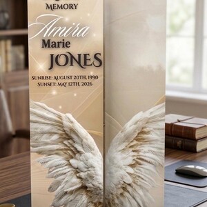 May include: A vertical memorial card featuring the text IN LOVING MEMORY Amira Marie JONES, SUNRISE: AUGUST 20TH, 1990, SUNSET: MAY 12TH, 2026. The design displays large white feathered angel wings against a soft beige background with light flares.