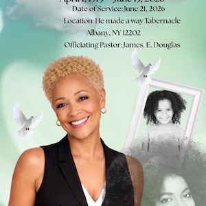 Puede incluir: Un programa conmemorativo para Marie Nicole Smith con el texto: Remembering Marie, Forever in Our Hearts, April 1, 1973 – June 13, 2026, Date of Service: June 21, 2026, Location: He made a way Tabernacle, Albany, NY 12202, Officiating Pastor: James. E. Douglas.