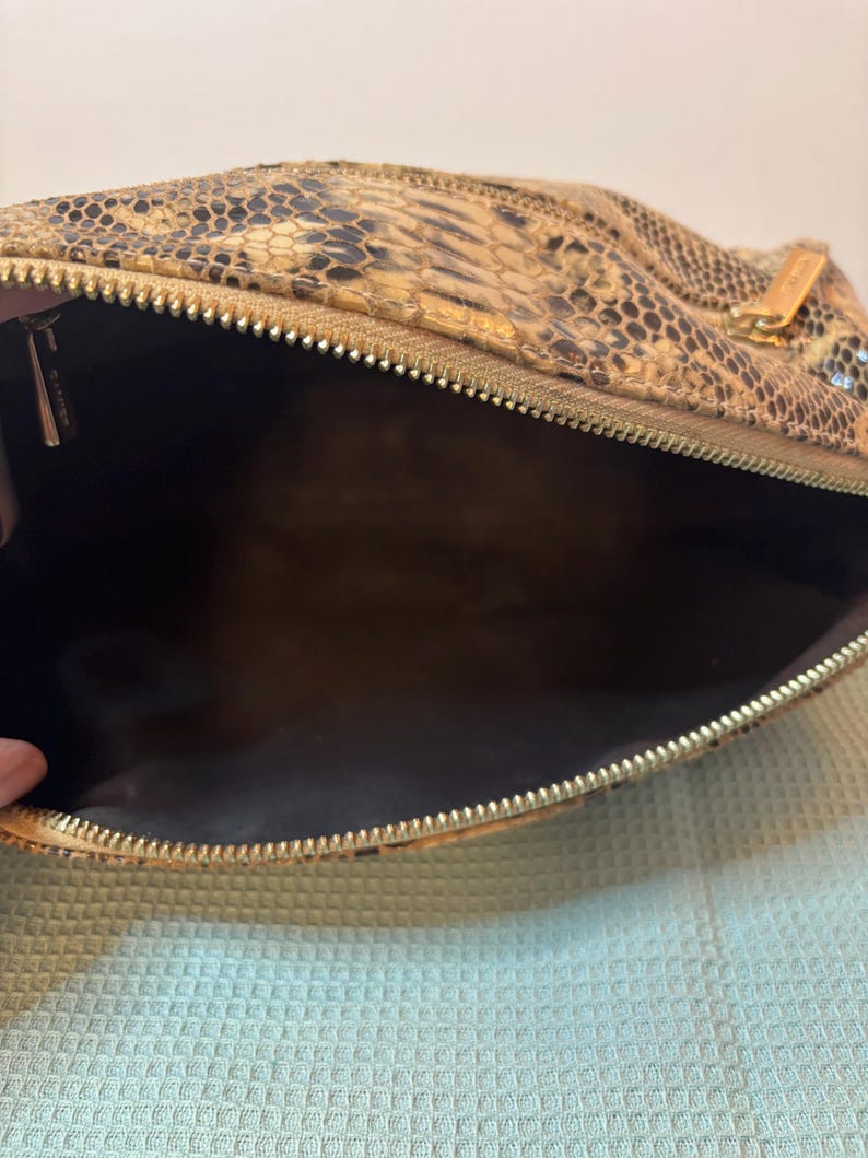 Peut inclure: Un sac &agrave; main &agrave; motif peau de serpent avec une fermeture &eacute;clair dor&eacute;e. L'int&eacute;rieur est marron fonc&eacute;. Le sac est ouvert, r&eacute;v&eacute;lant l'int&eacute;rieur. Le motif peau de serpent pr&eacute;sente des nuances de marron, de beige et de noir.