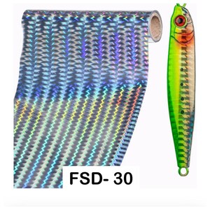 May include: A roll of silver holographic tape with a repeating zigzag pattern and a fishing lure featuring a green, orange, and silver body with a red eye. The text FSD-30 is printed in black on a white background near the bottom of the image.