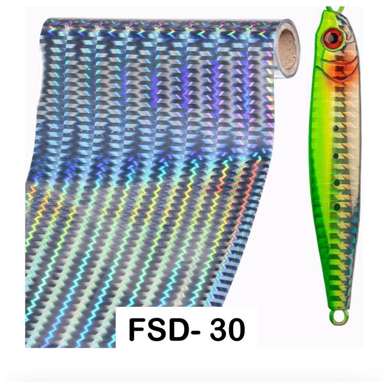 May include: A roll of silver holographic tape with a repeating zigzag pattern and a fishing lure featuring a green, orange, and silver body with a red eye. The text FSD-30 is printed in black on a white background near the bottom of the image.