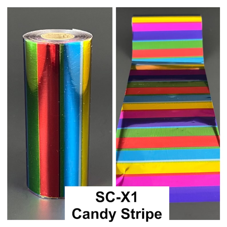 May include: A roll of colorful candy stripe foil with vertical stripes in red, green, blue, and yellow. The foil is shiny and reflective. The text "SC-X1 Candy Stripe" is displayed in a white box.