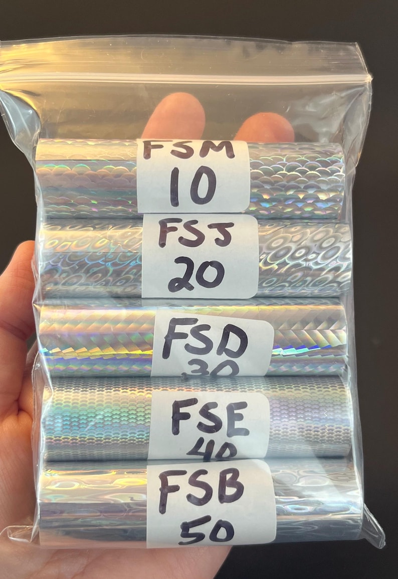 May include: A clear plastic resealable bag containing five rolls of silver holographic craft vinyl. Each roll features a unique texture and is labeled with white stickers marked FSM 10, FSJ 20, FSD 30, FSE 40, and FSB 50 in black ink.