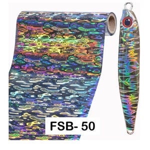 May include: A roll of holographic foil featuring a black background with a multi-colored, wavy, iridescent pattern and the text FSB-50, displayed alongside a metallic fishing lure that shares the same reflective, colorful, wavy surface design.