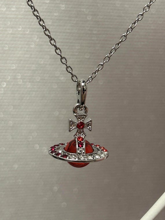 Saturn Orb Cross Silver Tiny Orb Red Crystal Vint… - image 2