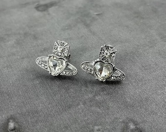 Saturn Orb Cross Clear Crystal Heart Silver Vintage NANA Earrings