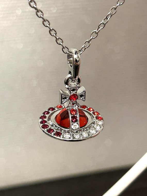 Saturn Orb Cross Silver Tiny Orb Red Crystal Vint… - image 1