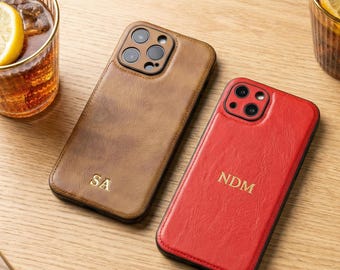 PU leather Initials iPhone case, Personalized custom phone case, Leather iPhone 17/16/15/14/13/12/11 case