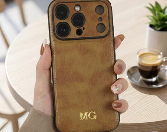 Personalized Leather Case for iPhone 17/16/15/14/13/12 /11 Pro Max Air Plus XR | Custom Initials Engraving Monogram Cover | Gift Idea