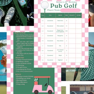 May include: A collage featuring a golf-themed party. Includes a scorecard for "Pub Golf," a pink golf cart illustration, golf balls, a bottle of sparkling water, and cocktails. The theme is a birthday celebration.