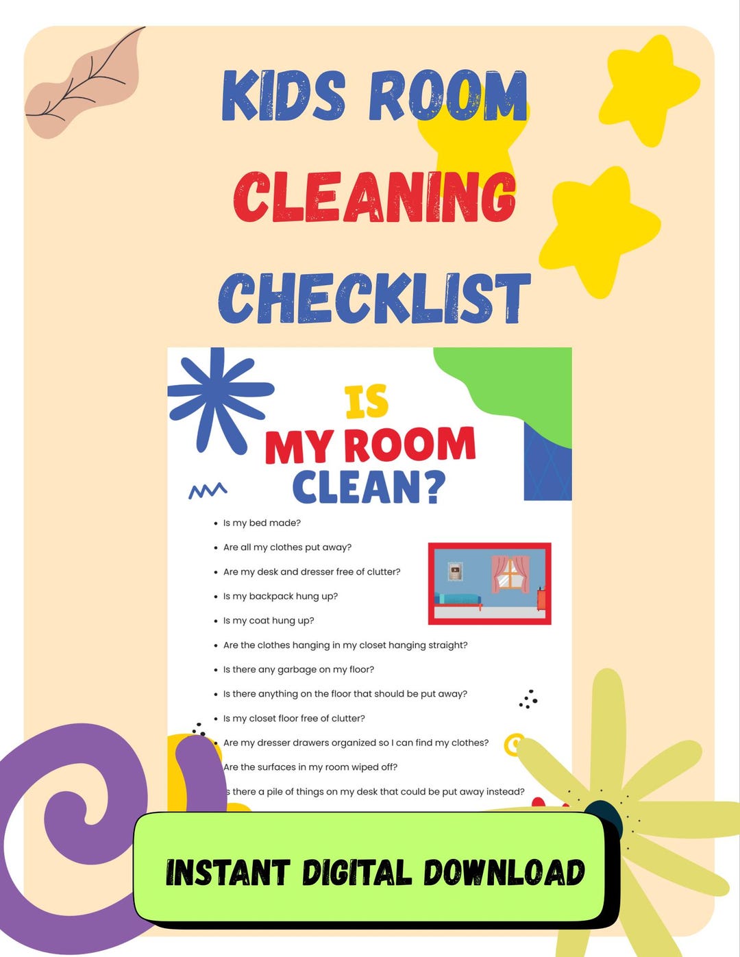 Kids Room Cleaning Checklist: Printable Chore Chart (digital Download ...