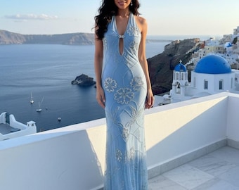 Elegant baby Blue Attitudes by Debra hand beaded Evening Gown