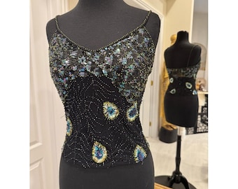 Black Beaded & hand beaded Sequin Peacock Motif Cami Top stretch