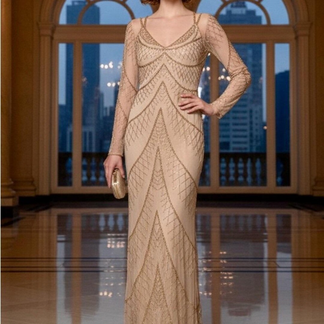 Elegant Gold Hand Beaded Evening Gown Size XS