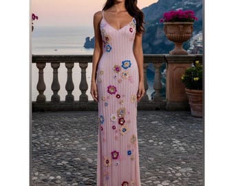 Sleeveless Pink hand beaded Floral with rhinestones Dress. On stretch fabric.