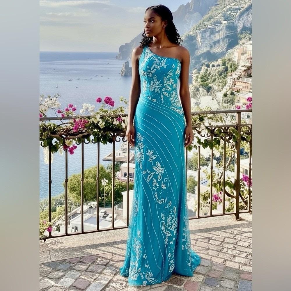 turquoise one shoulder dress Turquoise Viscose Darla Feather Printed One-Shoulder Maxi Cocktail Dress by  THE IASO at Pernia's Pop Up Shop 2026