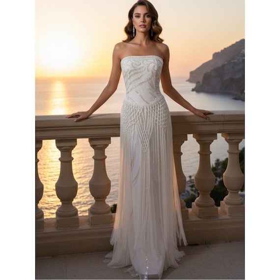 Attitudes by Debra Stapless White Hand Beaded Fringe Dress