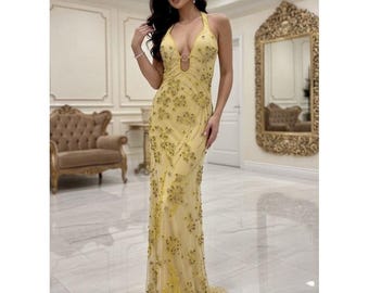 Elegante Baby Gelb Hand perlen absolut atemberaubende Halter Abendkleid Stretch