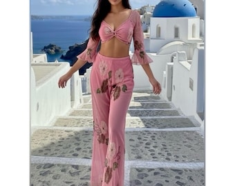Pink Floral Hand Perlen Weitbeinhose -und TOP Set stretch Damen Jumpsuit Set