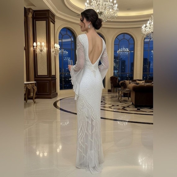 hand-beaded formal dress Long Couture Long Sleeve Beaded Formal Dress in Sage