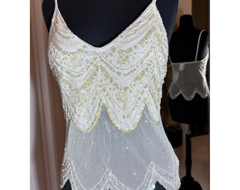 Hand Beaded Ivory Scallop Hem Spaghetti Strap Top