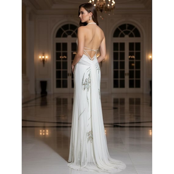 Elegant Ivory Hand Beaded Halter Gown, or Wedding Dress