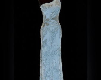 One-Shoulder Light baby Blue hand beaded stretch gown with sheer midriff