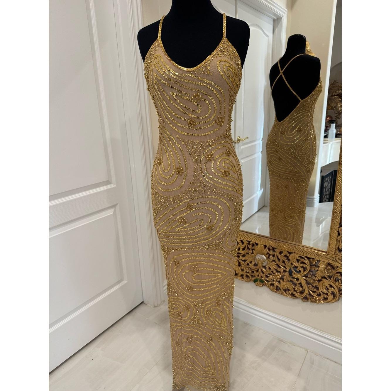 peacock green dress Unique Vintage Green & Gold Foil Peacock Print Maxi Dress main image 0