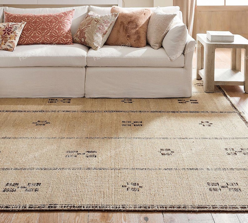 5x8FT Beige And Dark Brown Oushak Rug Hand-Knotted Wool Indo Turkish Carpet | Accent Rug for Living Room or Bedroom Geometric Area Rug Vintage rug