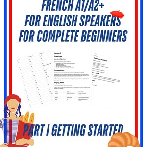 Peut inclure: Document éducatif intitulé French A1/A2+ For English Speakers For Complete Beginners Part I Getting Started. La page présente une leçon sur les salutations, un tableau de prononciation et des erreurs courantes, décoré d'un béret rouge et d'un croissant.