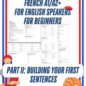 Peut inclure: Un guide d'apprentissage du français pour débutants intitulé French A1/A2+ For English Speakers For Beginners et Part II: Building Your First Sentences. Le document présente des leçons sur les noms, le genre et le vocabulaire avec un béret rouge et un croissant.