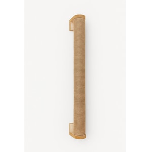 May include: A wall-mounted cat scratching post. The post is made of tightly wound, natural-coloured sisal rope, with wooden end pieces. The post is designed to be mounted vertically on a wall, providing a scratching surface for cats.