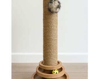 Wooden Base Cat Scratching Post with Sisal Rope – Interactive Toy Balls & Plush Hanging Toy