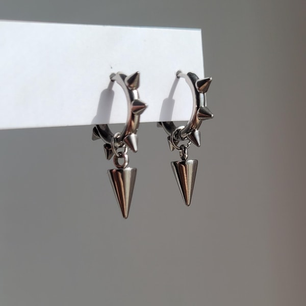 Spiked Hoop Dangle | Stainless Steel Punk Grunge Earrings | Unisex Jewelry | Edgy Spike Earrings