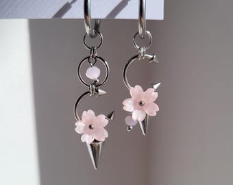 Sakura Mismatched Earrings | Cherry Blossom Grunge Alt Jewelry | Stainless Steel Septum Ring Earrings