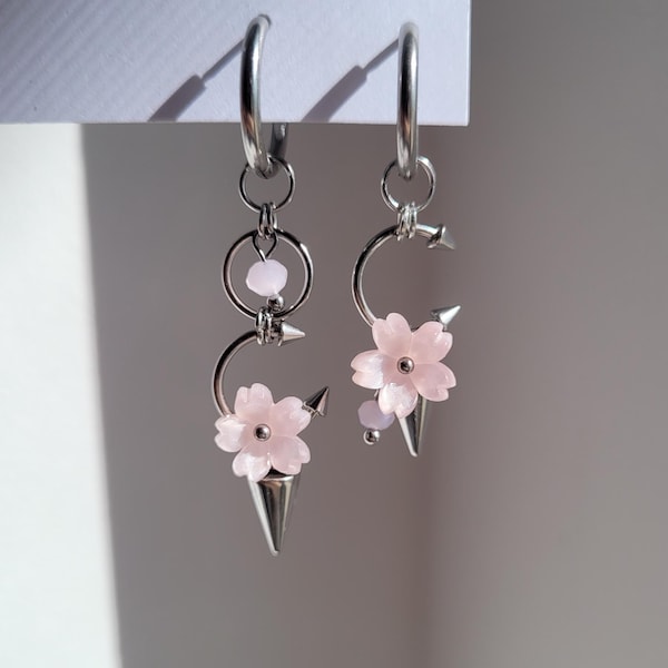 Sakura Mismatched Earrings | Cherry Blossom Grunge Alt Jewelry | Stainless Steel Septum Ring Earrings