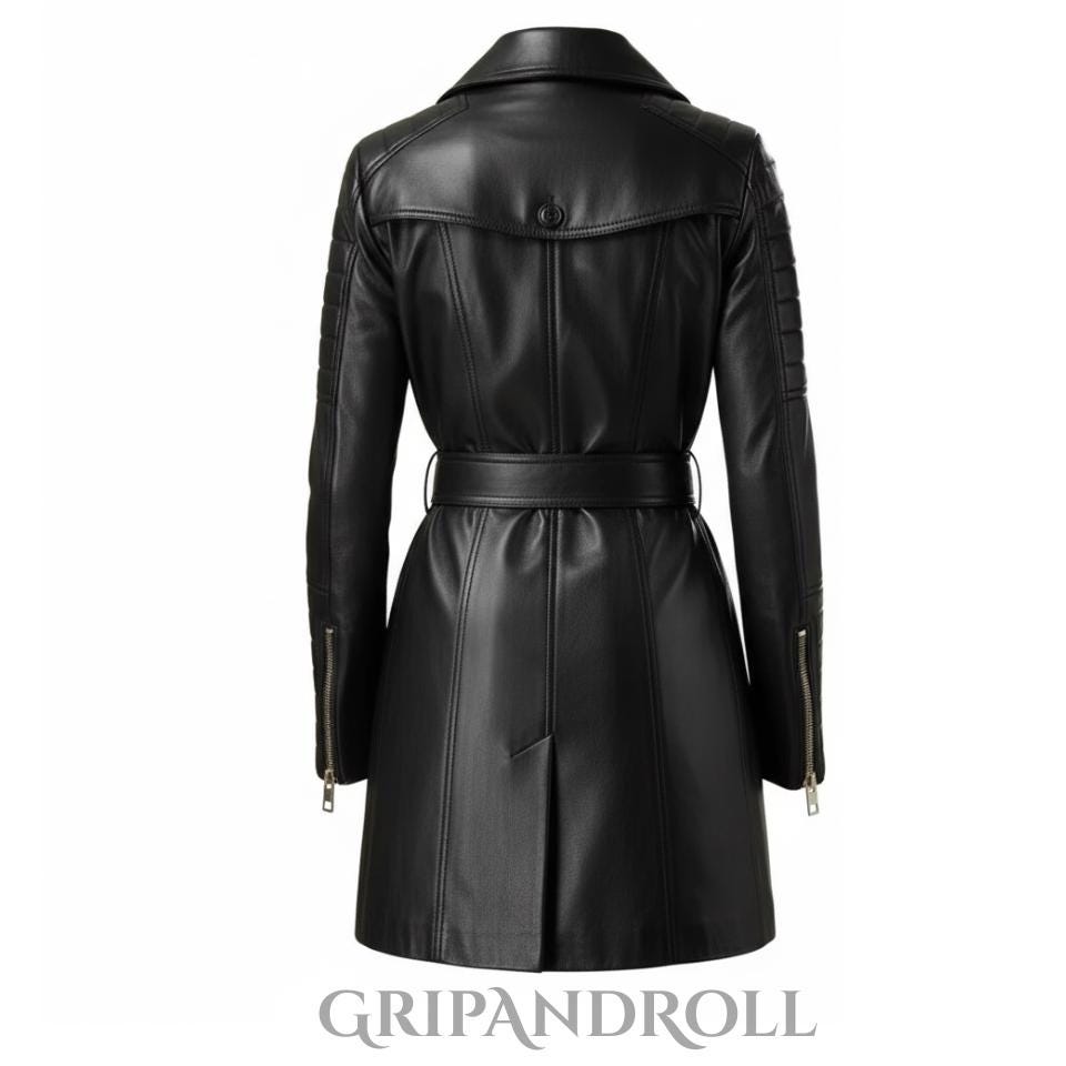 thumbnail image 2 of Women's Genuine Leather Lambskin Long Trench Coat | Black Stylish Overcoat By King Leathers 2 of 6