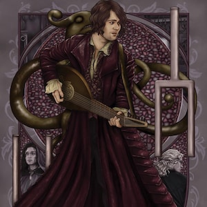 May include: Digital illustration of a man in a burgundy coat holding a lute. The artwork features a detailed background with ornate designs and two figures in the background. The man is wearing a cream-colored shirt.