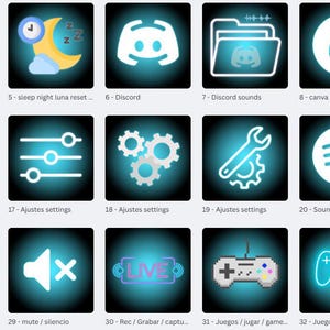Puede incluir: Una colección de iconos de aplicaciones de estilo neón sobre un fondo negro. Los iconos incluyen un logotipo de Steam, unas tijeras, un ratón, una tubería de Mario, una luna y estrellas, un logotipo de Discord, una carpeta, la letra C, un personaje de League of Legends, un logotipo de Pinterest, un botón de reproducción y un icono de Windows.