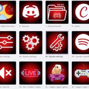 Puede incluir: Una colección de iconos de aplicaciones rojas y blancas sobre un fondo rojo oscuro. Los iconos incluyen un logotipo de Steam, tijeras, un ratón, una tubería de Mario, una luna, un logotipo de Discord, una carpeta, la letra C, un logotipo de Pinterest y un botón de reproducción.