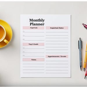 Monthly Planner Printable US Letter | Monthly Productivity Planner | Top 3 Goals & Tasks | Minimalist Monthly Planner PDF | Instant Download