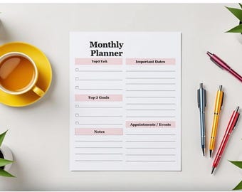 Monthly Planner Printable US Letter | Monthly Productivity Planner | Top 3 Goals & Tasks | Minimalist Monthly Planner PDF | Instant Download